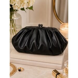 Jessica McClintock Black Faux Leather Ruched Pouch Kiss Lock Evening Clutch Bag
